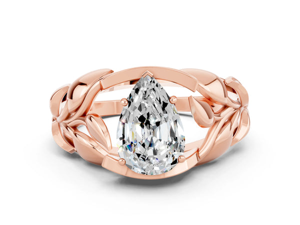 Rose gold Pear Cut Moissanite Leaf-Inspired Engagement Ring with Round Accents and Prong Setting