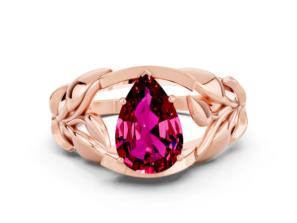Rose gold Pear Cut Garnet Leaf-Inspired Engagement Ring with Round Accents and Prong Setting