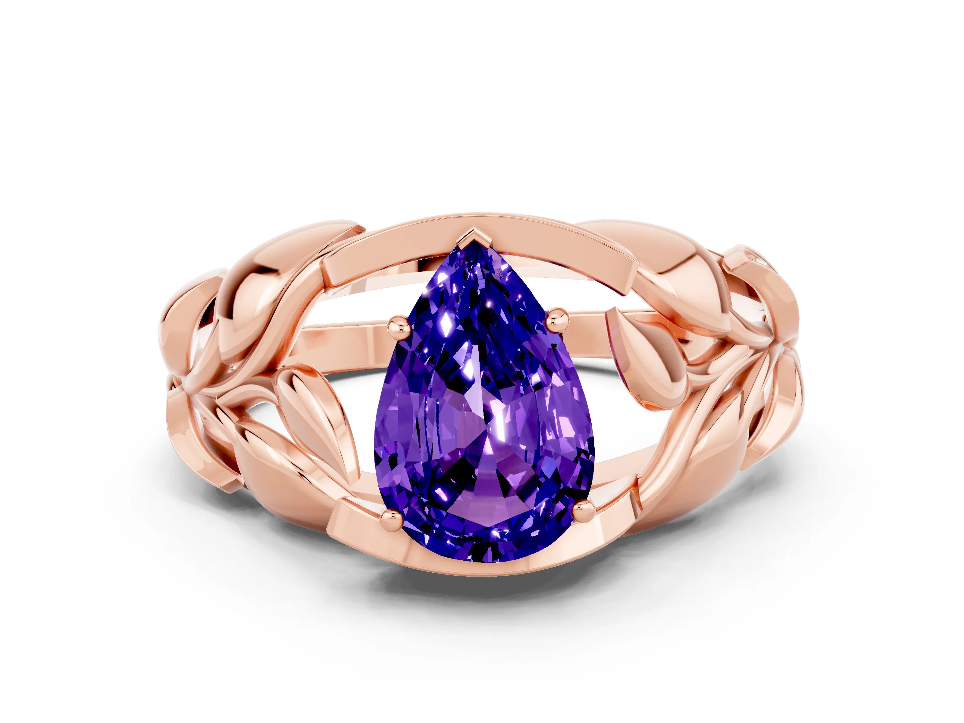 Rose gold Pear Cut Solitaire Leaf-Inspired Engagement Ring with Prong Setting