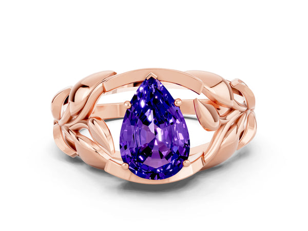 Rose gold Pear Cut Tanzanite Leaf-Inspired Engagement Ring with Round Accents and Prong Setting