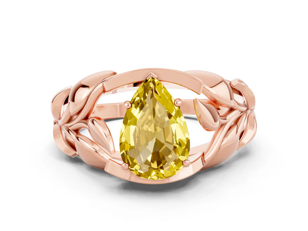 Rose gold Pear Cut Yellow Sapphire Leaf-Inspired Engagement Ring with Round Accents and Prong Setting