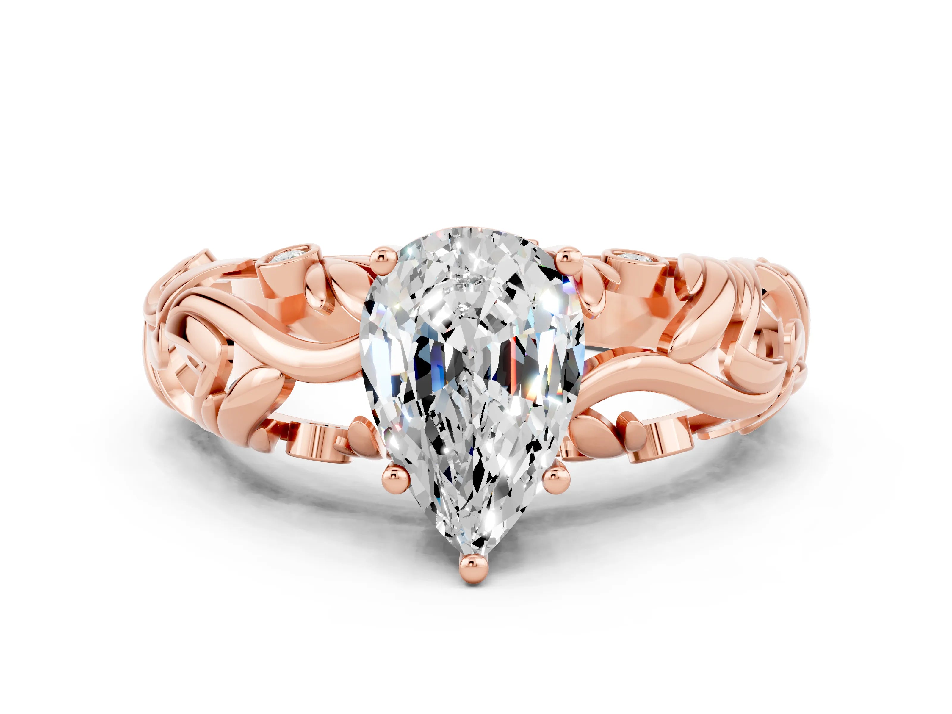 Rose gold Pear Cut Solitaire Moissanite Leaf-Inspired Vine Band Ring with Prong Setting