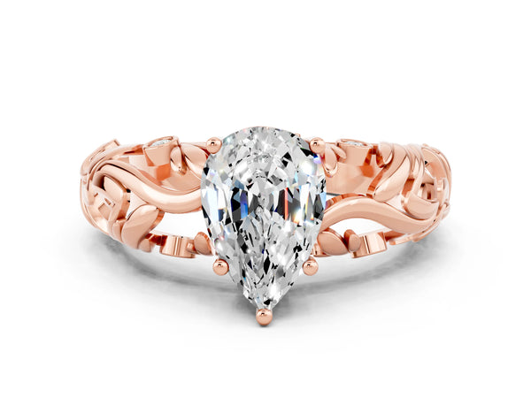 Rose gold Pear Cut Solitaire Moissanite Leaf-Inspired Vine Band Ring with Prong Setting