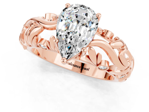 Rose gold Pear Cut Solitaire Moissanite Leaf-Inspired Vine Band Ring with Prong Setting