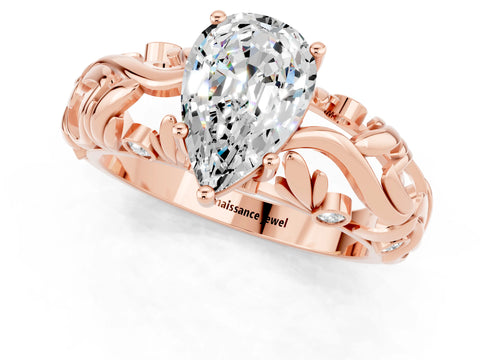 Rose gold Pear Cut Solitaire Moissanite Leaf-Inspired Vine Band Ring with Prong Setting_1