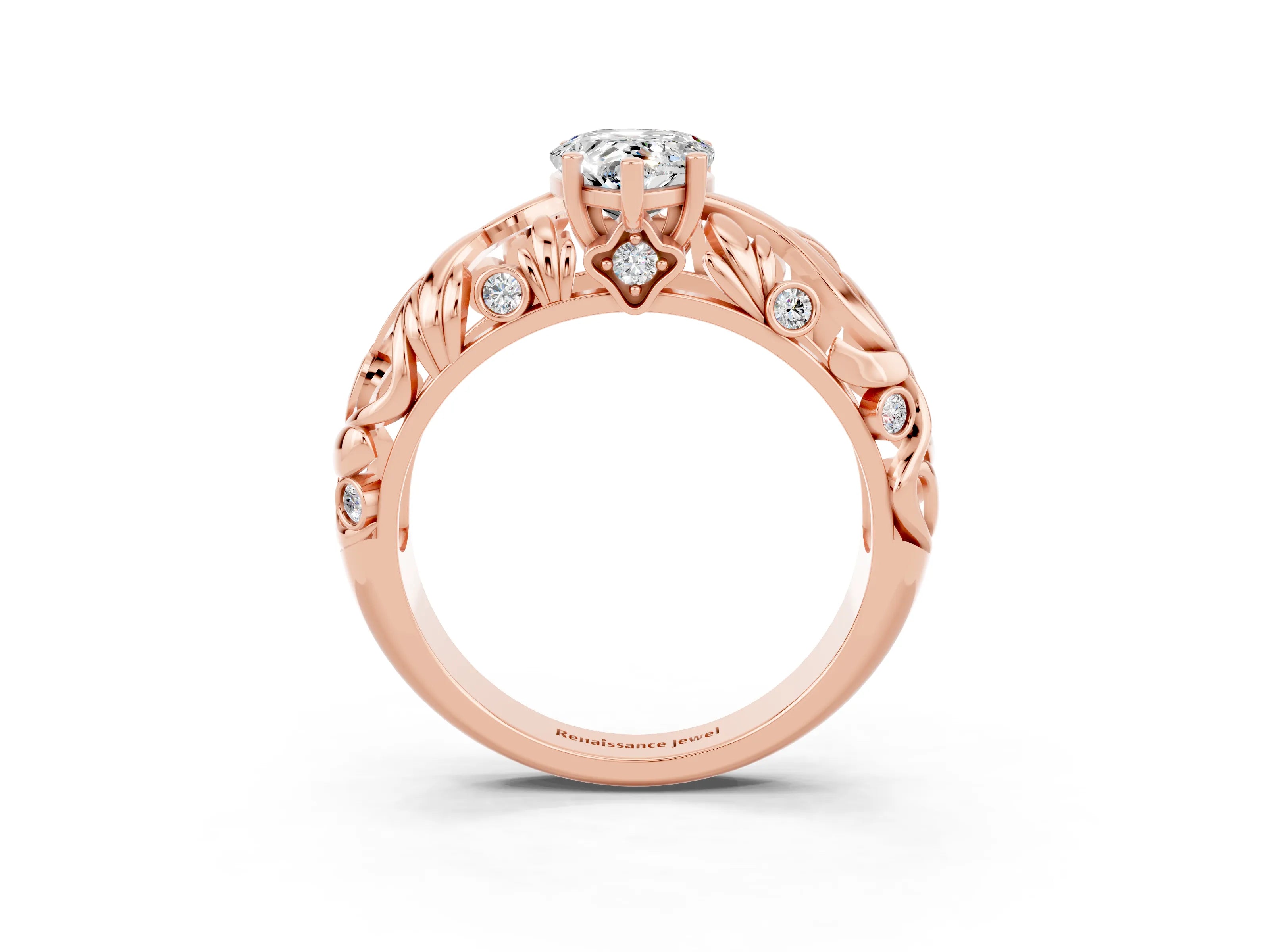 Rose gold Pear Cut Solitaire Moissanite Leaf-Inspired Vine Band Ring with Prong Setting_3