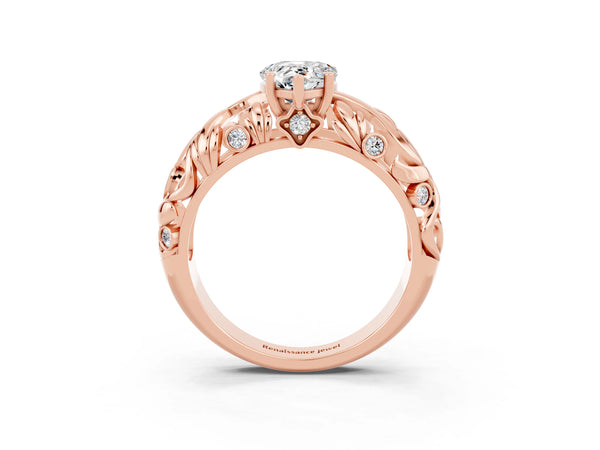 Rose gold Pear Cut Solitaire Moissanite Leaf-Inspired Vine Band Ring with Prong Setting