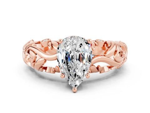 Rose gold Pear Cut Solitaire Moissanite Leaf-Inspired Vine Band Ring with Prong Setting