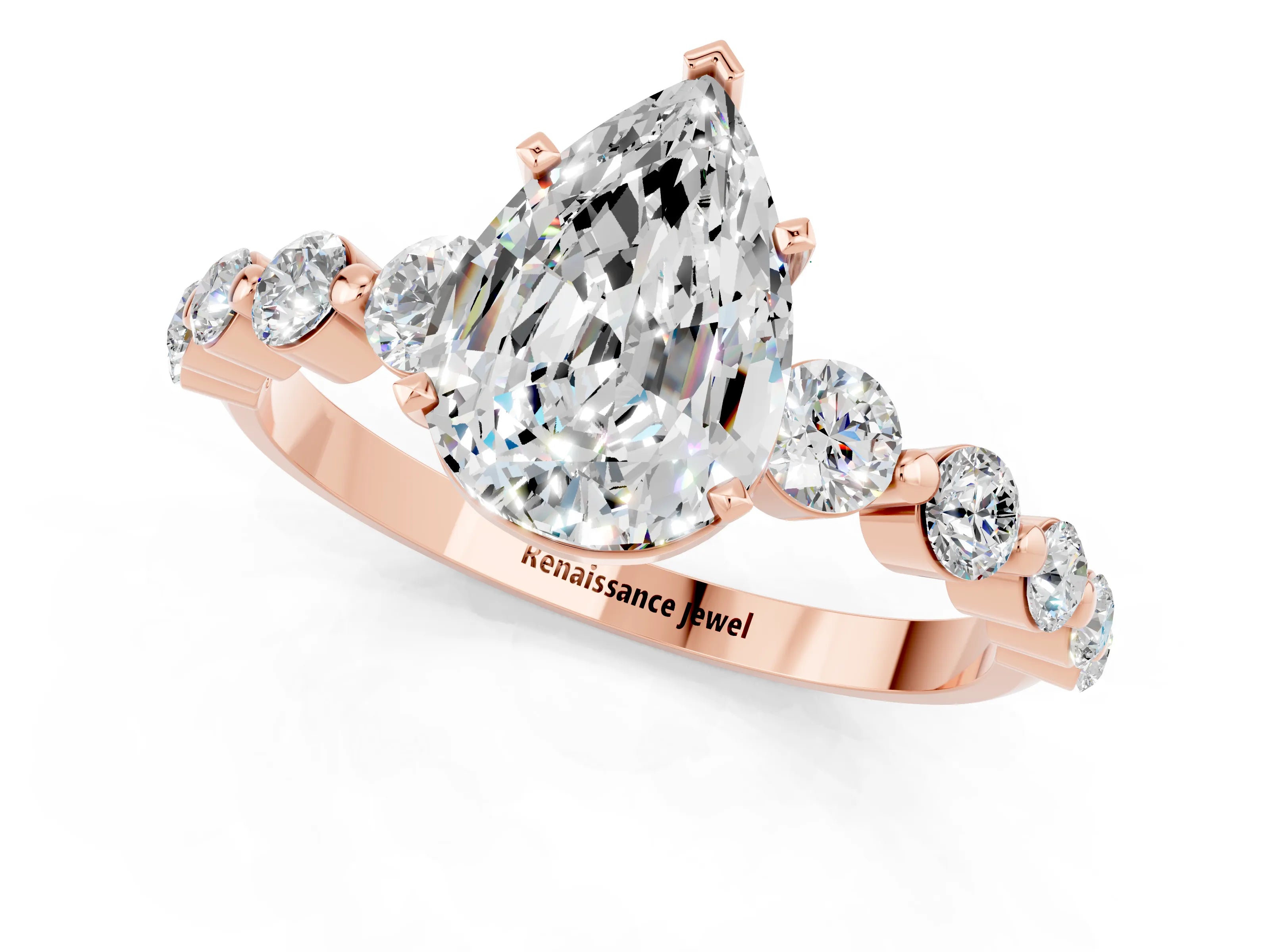 Rose gold Pear Cut Solitaire Moissanite Ring with Pave Band and Four-Prong Setting_1