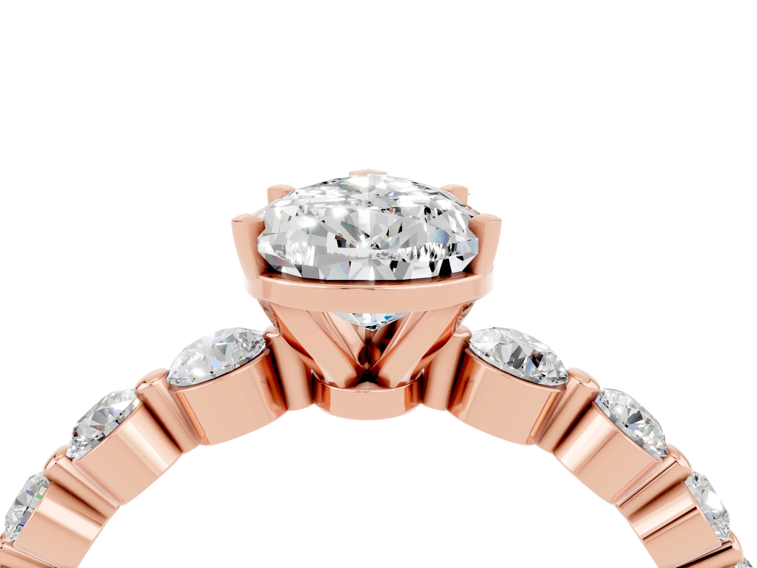 Rose gold Pear Cut Solitaire Moissanite Ring with Pave Band and Four-Prong Setting_4