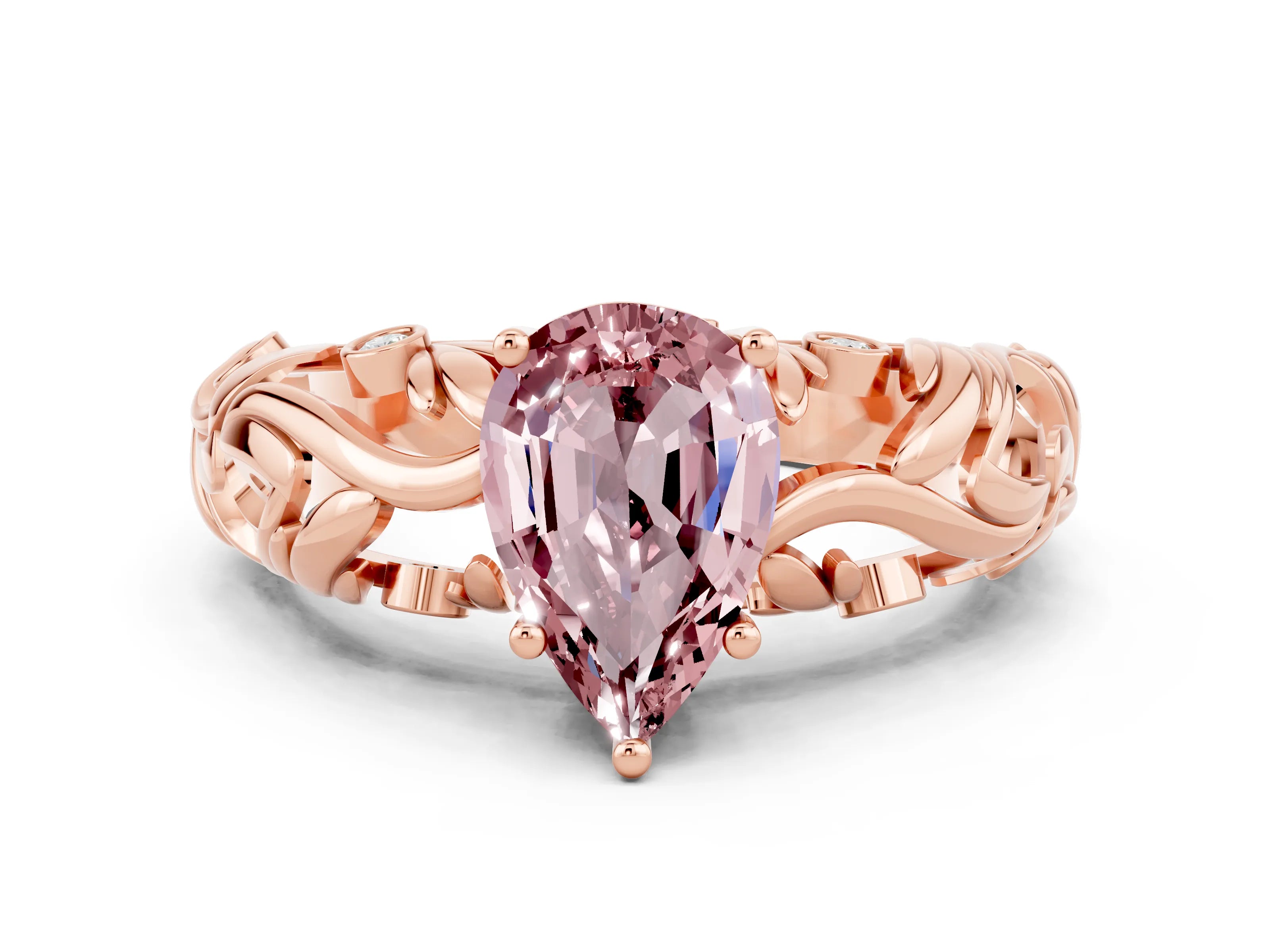 Rose gold Pear Cut Solitaire Morganite Leaf-Inspired Vine Band Ring with Prong Setting