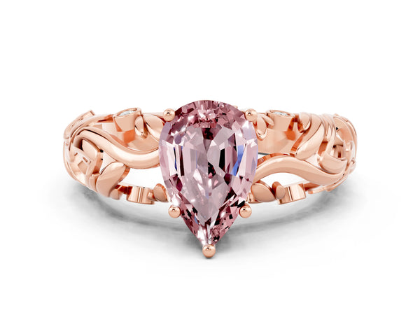 Rose gold Pear Cut Solitaire Morganite Leaf-Inspired Vine Band Ring with Prong Setting
