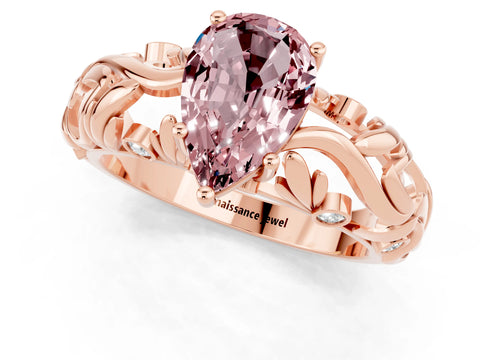 Rose gold Pear Cut Solitaire Morganite Leaf-Inspired Vine Band Ring with Prong Setting_1