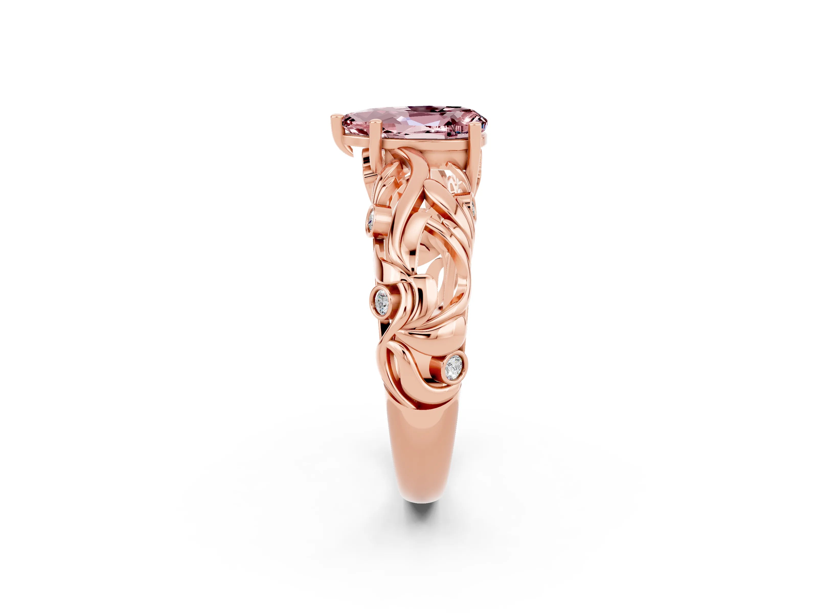 Rose gold Pear Cut Solitaire Morganite Leaf-Inspired Vine Band Ring with Prong Setting_2