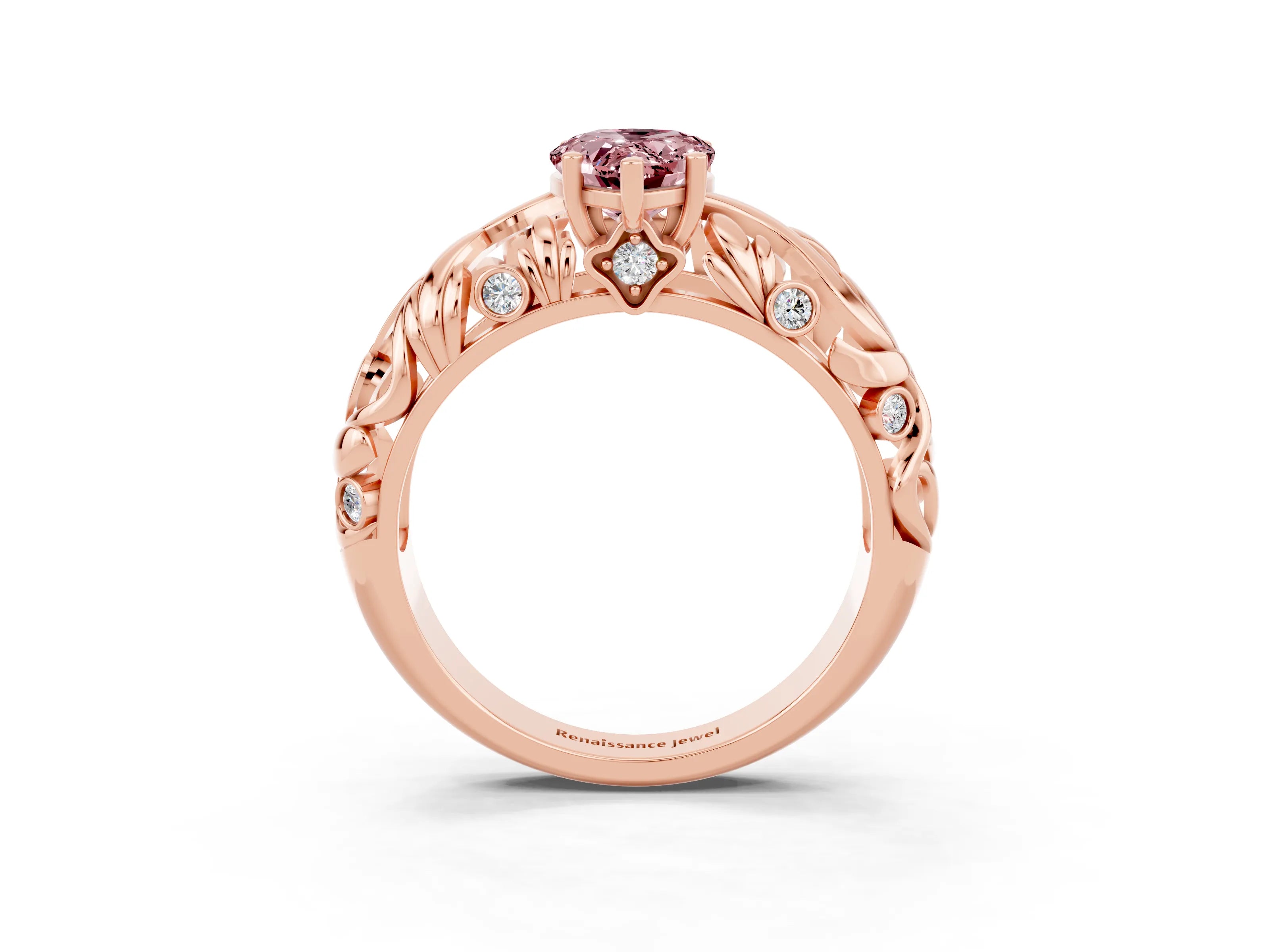 Rose gold Pear Cut Solitaire Morganite Leaf-Inspired Vine Band Ring with Prong Setting_3