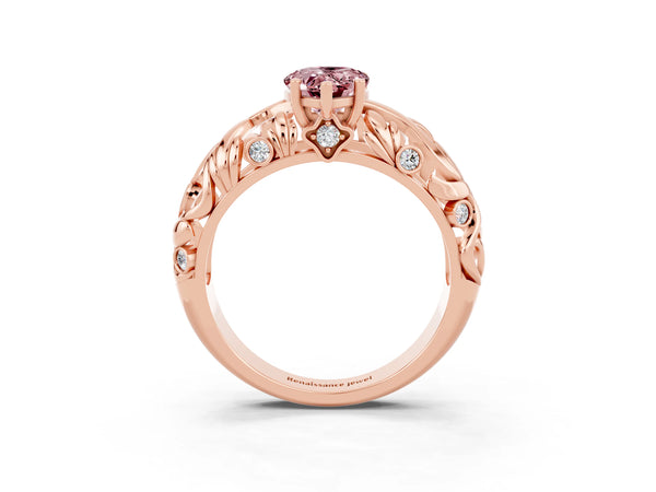Rose gold Pear Cut Solitaire Morganite Leaf-Inspired Vine Band Ring with Prong Setting