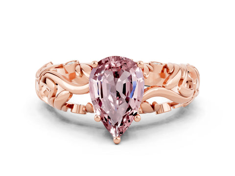 Rose gold Pear Cut Solitaire Morganite Leaf-Inspired Vine Band Ring with Prong Setting