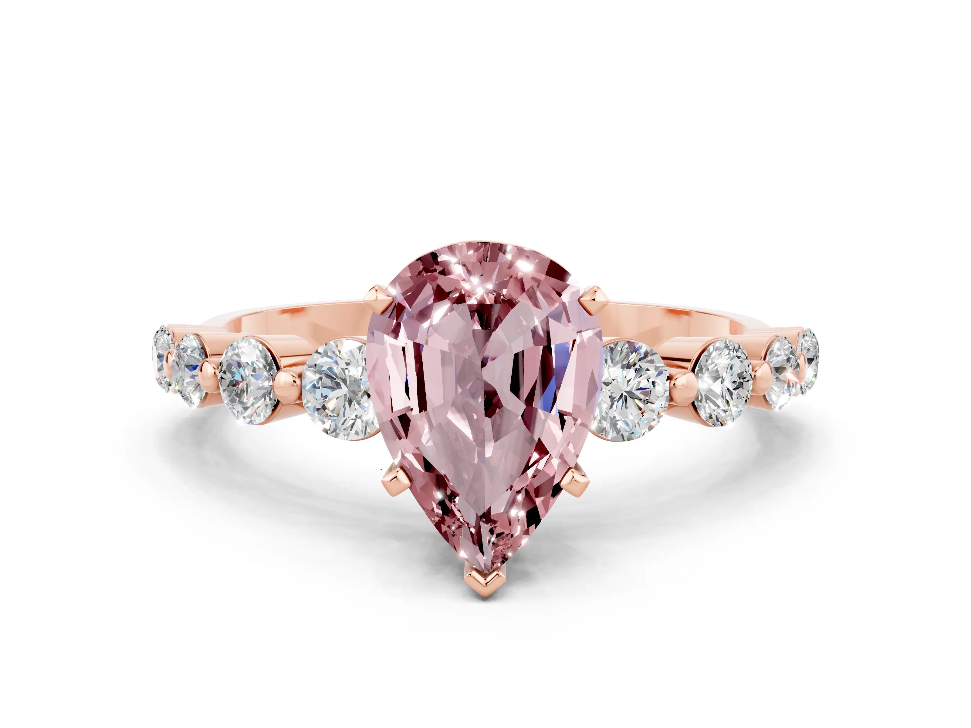 Rose gold Pear Cut Solitaire Morganite Ring with Pave Band and Four-Prong Setting