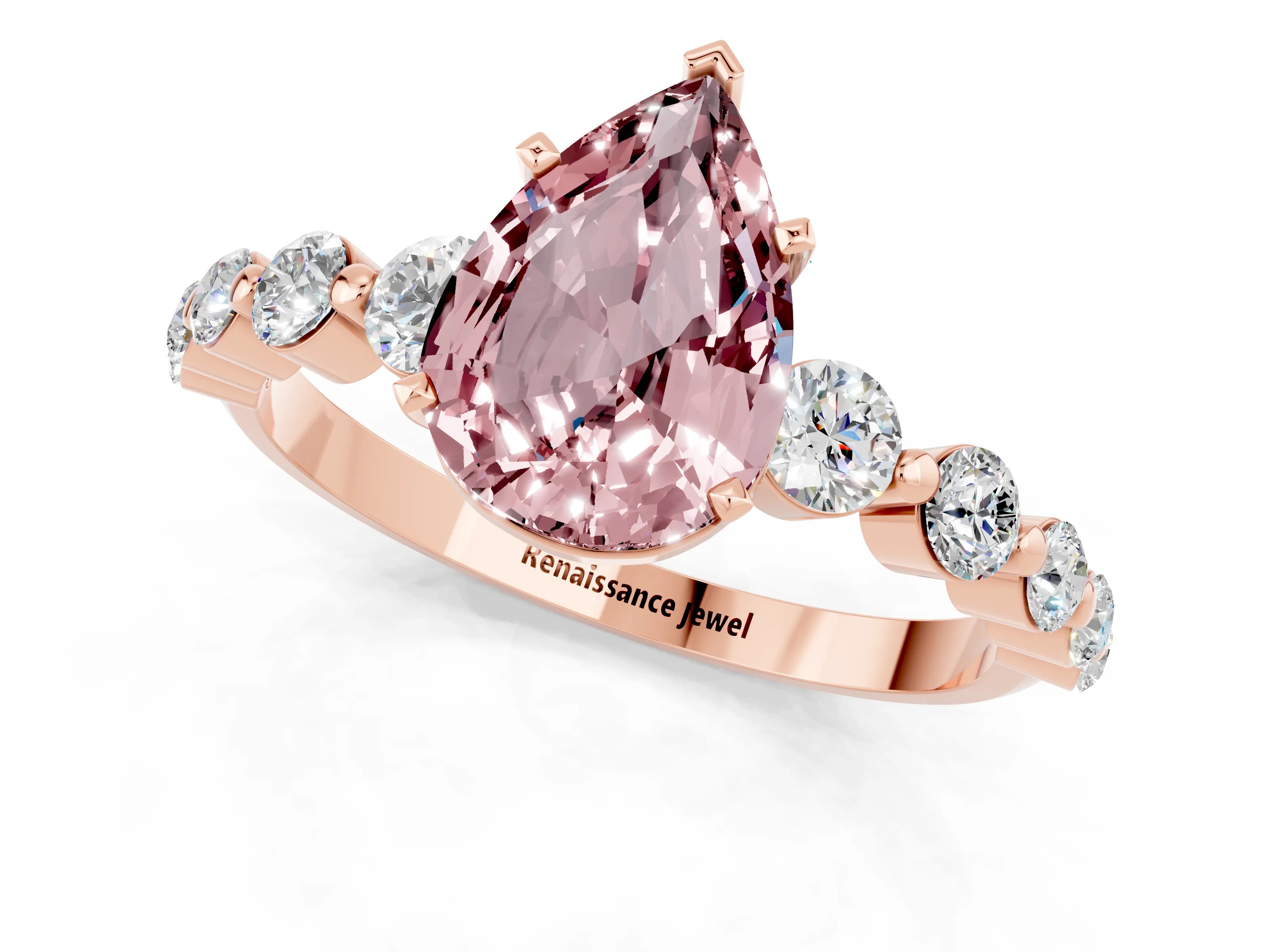 Rose gold Pear Cut Solitaire Morganite Ring with Pave Band and Four-Prong Setting_1