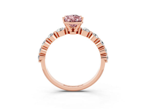 Rose gold Pear Cut Solitaire Morganite Ring with Pave Band and Four-Prong Setting