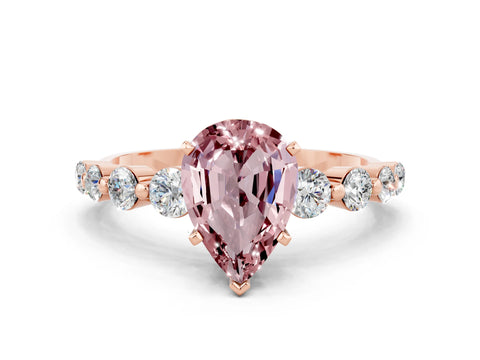 Rose gold Pear Cut Solitaire Morganite Ring with Pave Band and Four-Prong Setting