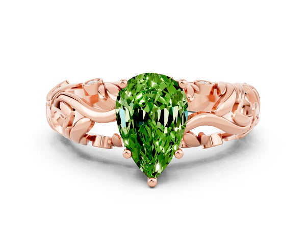 Rose gold Pear Cut Solitaire Peridot Leaf-Inspired Vine Band Ring with Prong Setting