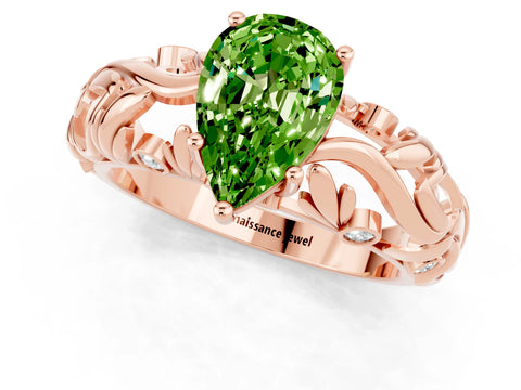 Rose gold Pear Cut Solitaire Peridot Leaf-Inspired Vine Band Ring with Prong Setting_1