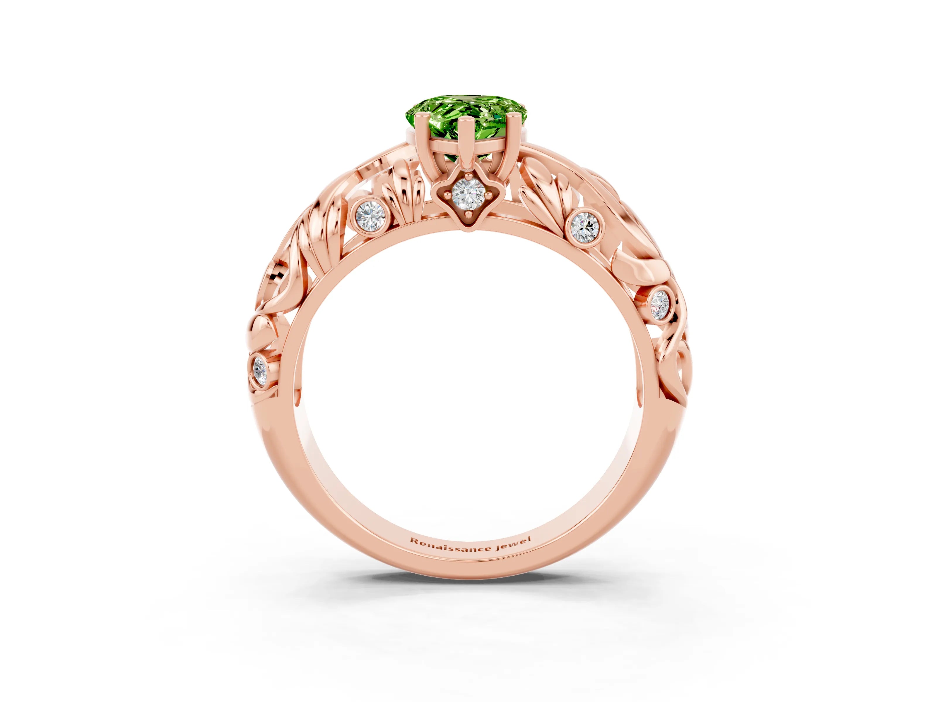 Rose gold Pear Cut Solitaire Peridot Leaf-Inspired Vine Band Ring with Prong Setting_3