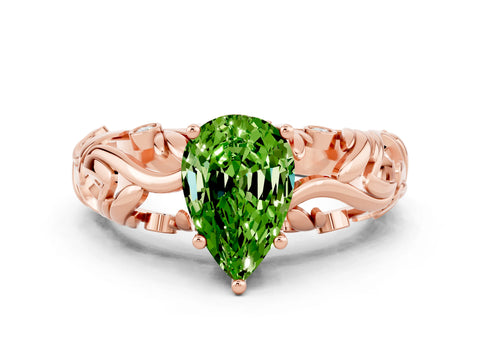 Rose gold Pear Cut Solitaire Peridot Leaf-Inspired Vine Band Ring with Prong Setting