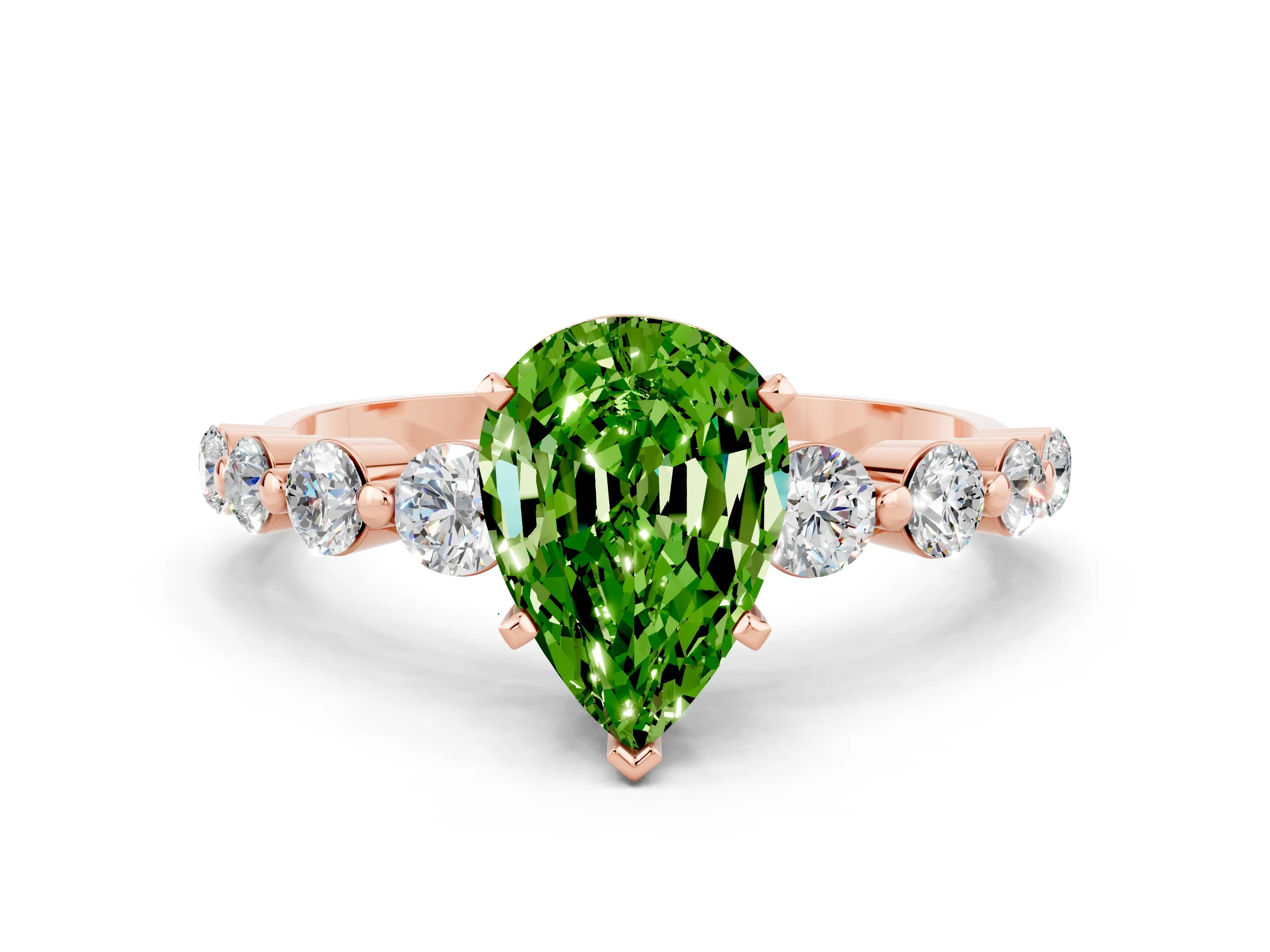 Rose gold Pear Cut Solitaire Peridot Ring with Pave Band and Four-Prong Setting