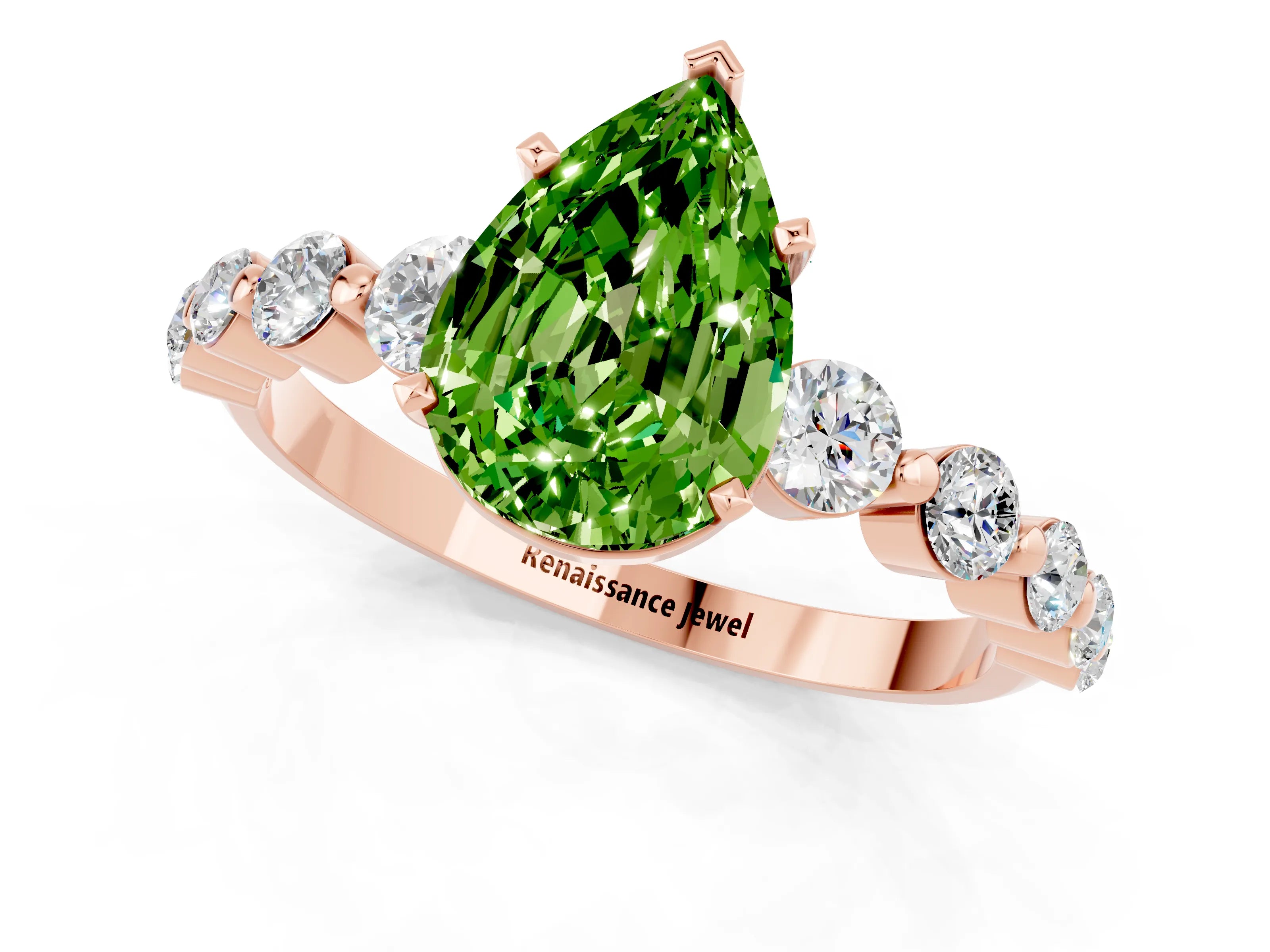 Rose gold Pear Cut Solitaire Peridot Ring with Pave Band and Four-Prong Setting_1