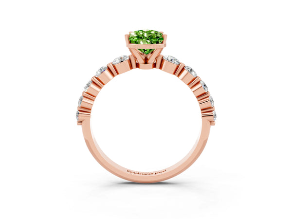 Rose gold Pear Cut Solitaire Peridot Ring with Pave Band and Four-Prong Setting