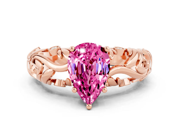 Rose gold Pear Cut Solitaire Pink Sapphire Leaf-Inspired Vine Band Ring with Prong Setting