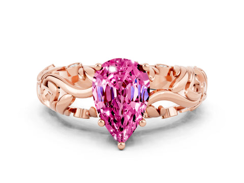 Rose gold Pear Cut Solitaire Pink Sapphire Leaf-Inspired Vine Band Ring with Prong Setting_24