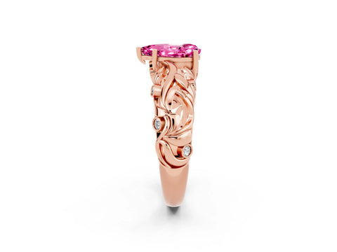 Rose gold Pear Cut Solitaire Pink Sapphire Leaf-Inspired Vine Band Ring with Prong Setting_26