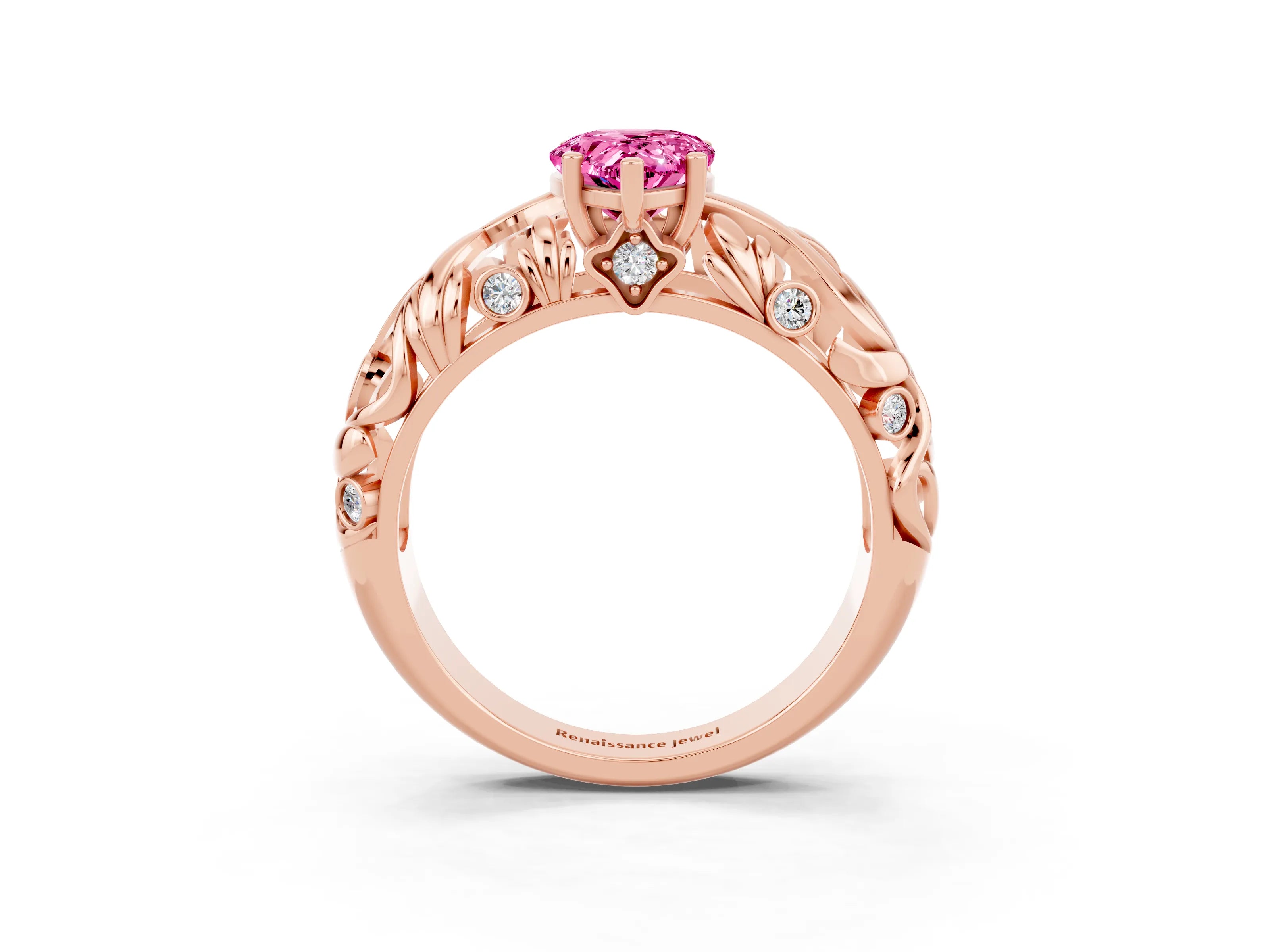 Rose gold Pear Cut Solitaire Pink Sapphire Leaf-Inspired Vine Band Ring with Prong Setting_27
