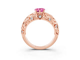 Rose gold Pear Cut Solitaire Pink Sapphire Leaf-Inspired Vine Band Ring with Prong Setting_27