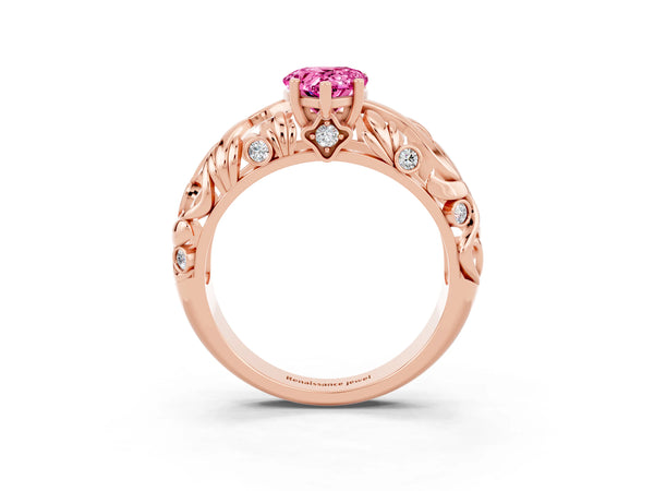 Rose gold Pear Cut Solitaire Pink Sapphire Leaf-Inspired Vine Band Ring with Prong Setting