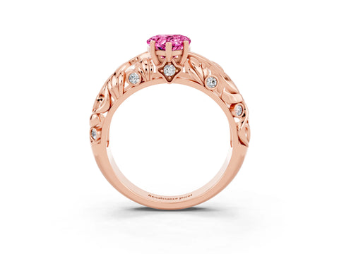 Rose gold Pear Cut Solitaire Pink Sapphire Leaf-Inspired Vine Band Ring with Prong Setting_27