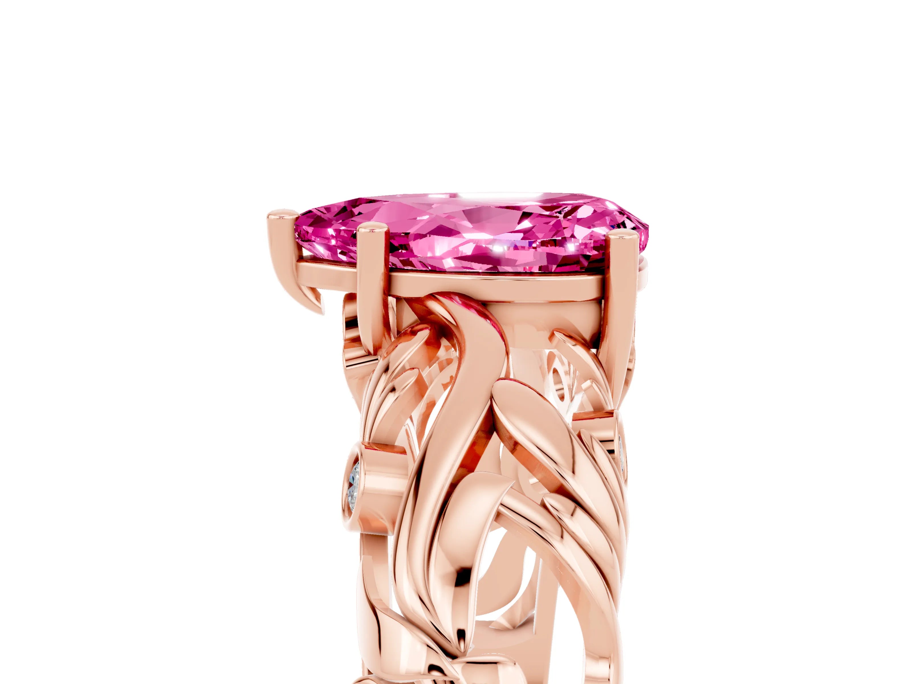 Rose gold Pear Cut Solitaire Pink Sapphire Leaf-Inspired Vine Band Ring with Prong Setting_29