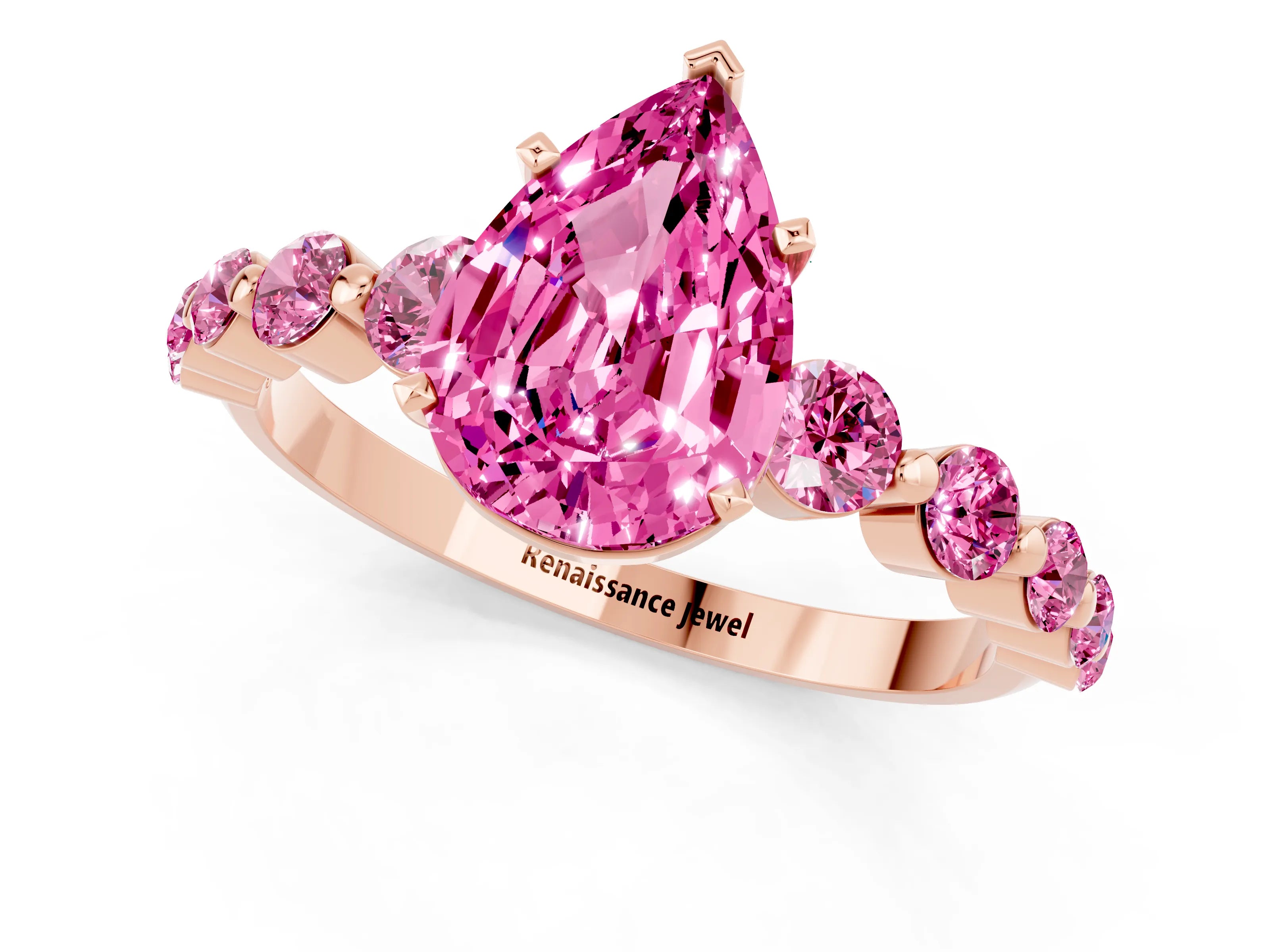 Rose gold Pear Cut Solitaire Pink Sapphire Ring with Pave Band and Four-Prong Setting_1