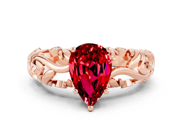 Rose gold Pear Cut Solitaire Ruby Leaf-Inspired Vine Band Ring with Prong Setting