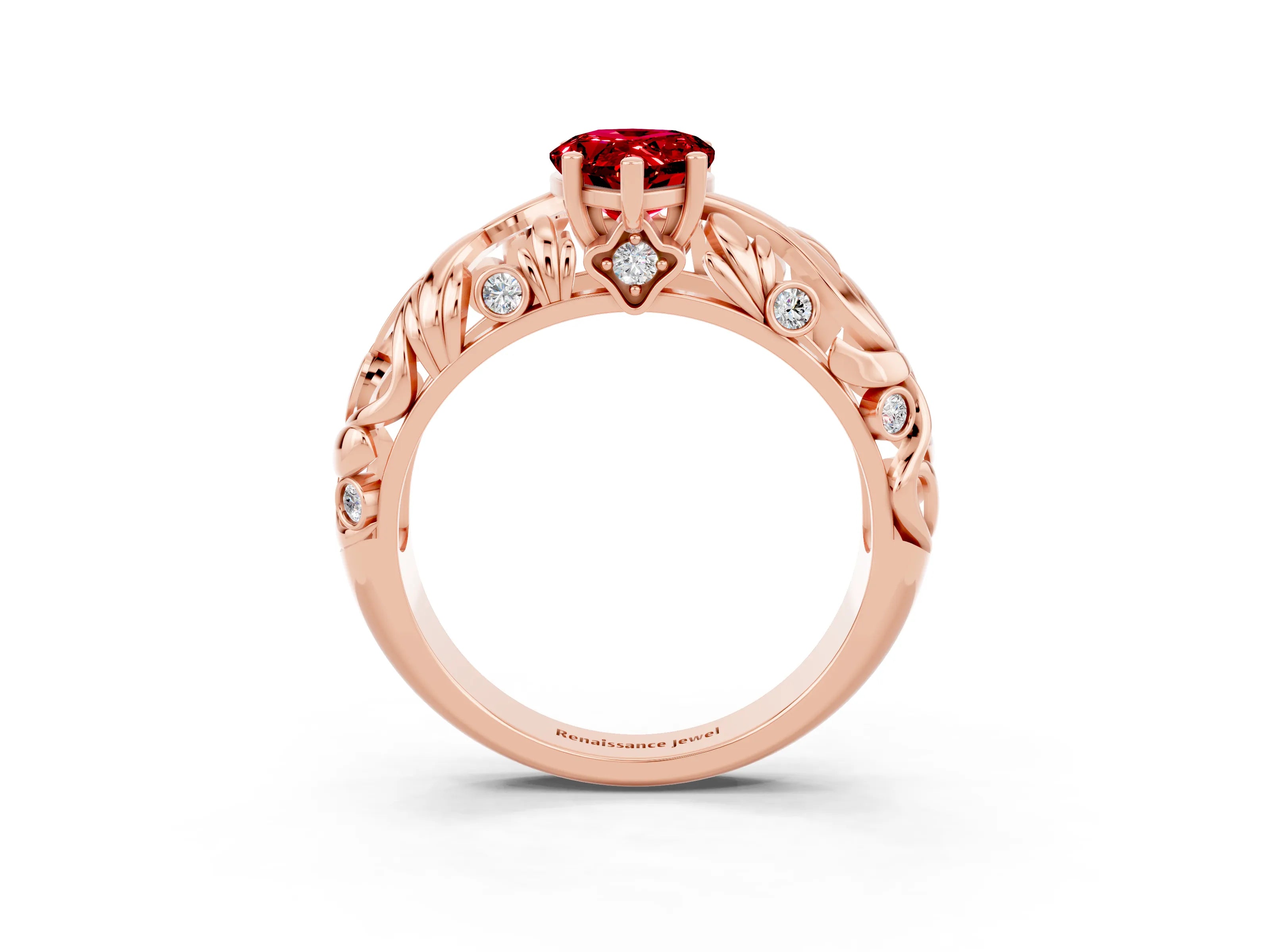 Rose gold Pear Cut Solitaire Ruby Leaf-Inspired Vine Band Ring with Prong Setting_3