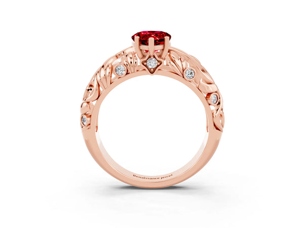 Rose gold Pear Cut Solitaire Ruby Leaf-Inspired Vine Band Ring with Prong Setting