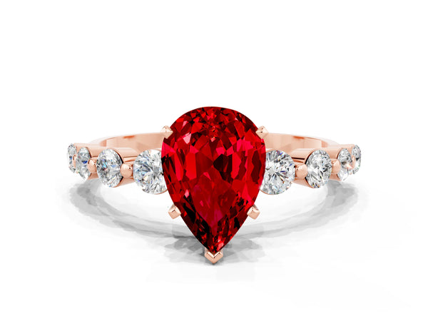 Rose gold Pear Cut Solitaire Ruby Ring with Pave Band and Four-Prong Setting