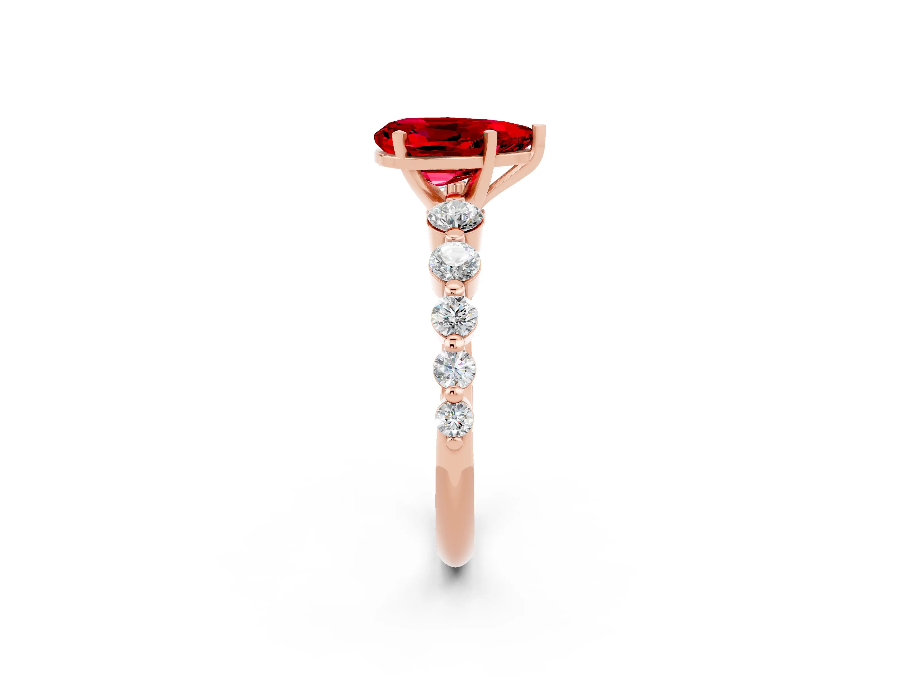 Rose gold Pear Cut Solitaire Ruby Ring with Pave Band and Four-Prong Setting_2