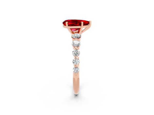 Rose gold Pear Cut Solitaire Ruby Ring with Pave Band and Four-Prong Setting