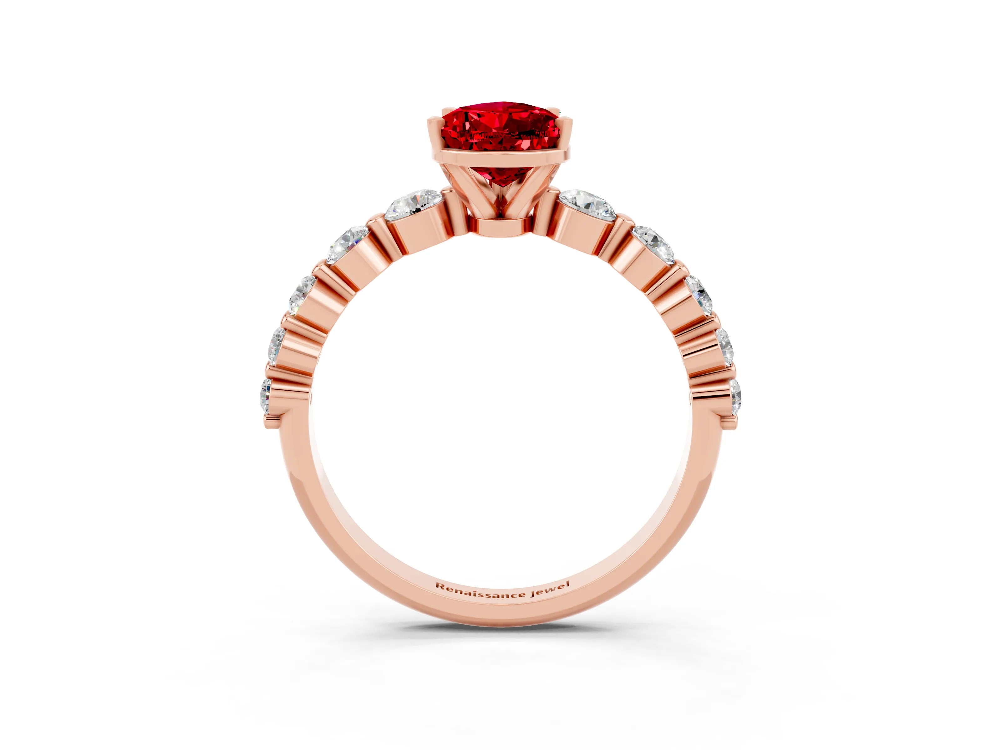 Rose gold Pear Cut Solitaire Ruby Ring with Pave Band and Four-Prong Setting_3