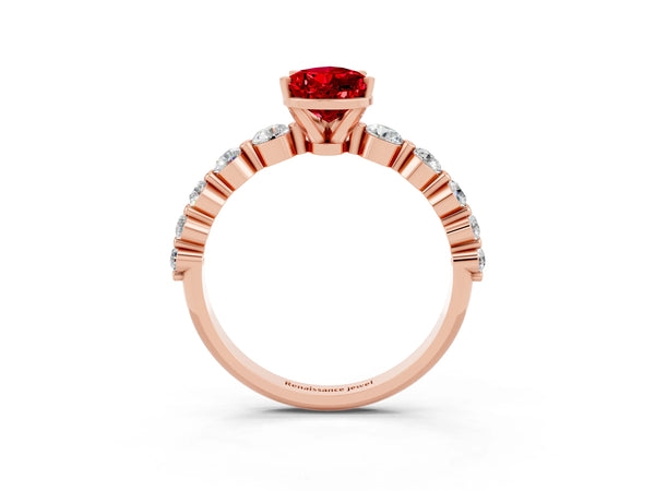 Rose gold Pear Cut Solitaire Ruby Ring with Pave Band and Four-Prong Setting