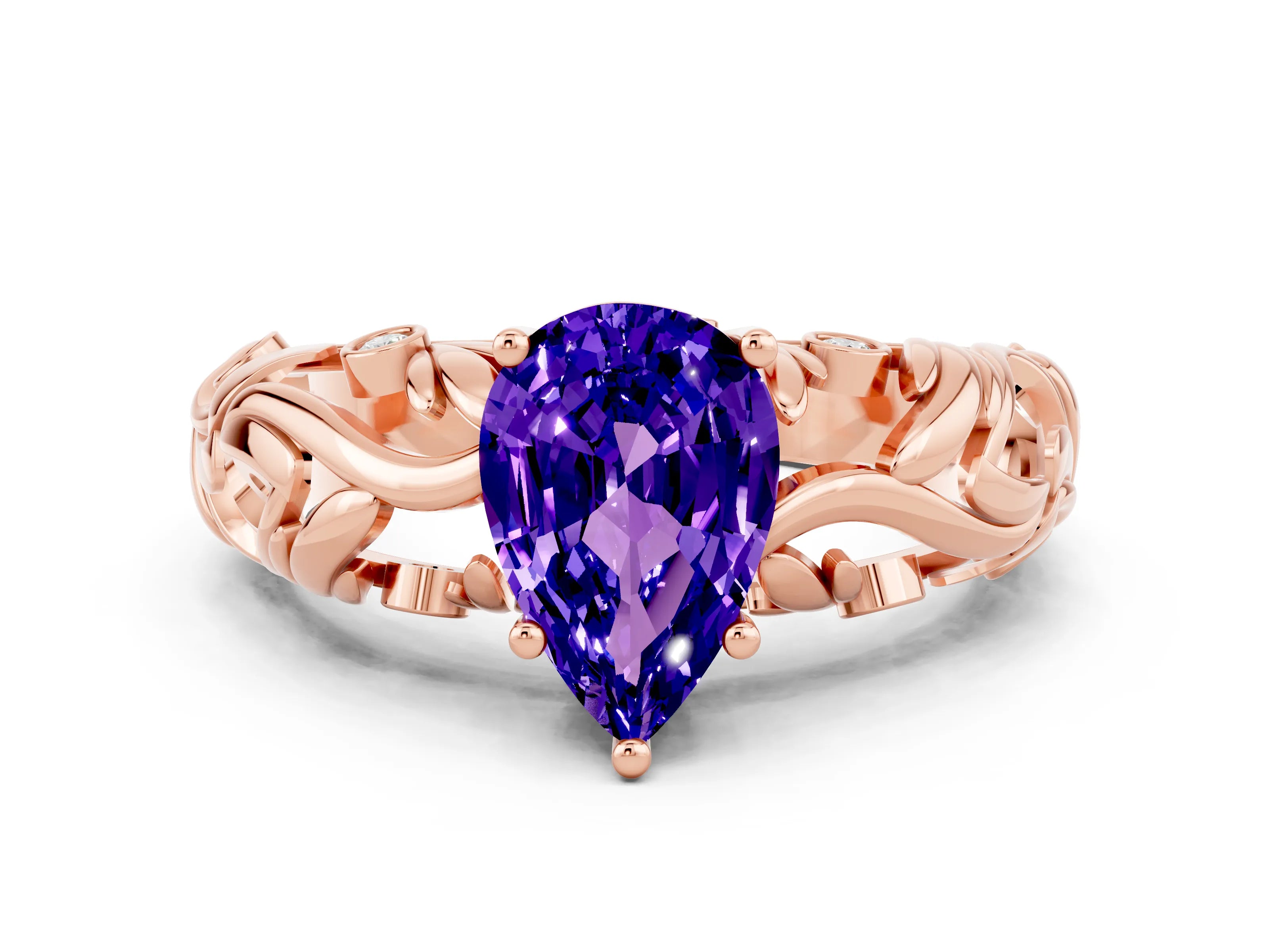 Rose gold Pear Cut Solitaire Tanzanite Leaf-Inspired Vine Band Ring with Prong Setting